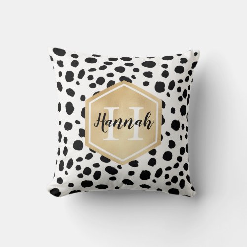 Black White Spots Pattern Gold Monogram Throw Pillow