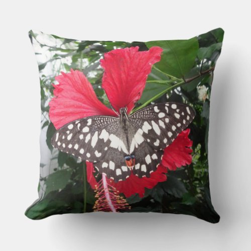 Black White Spotted Butterfly on Hibiscus Pillow