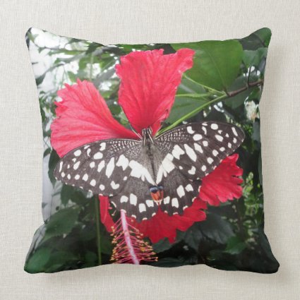 Black White Spotted Butterfly on Hibiscus Pillow