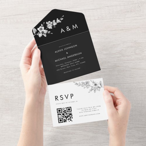 Black  White Spring Floral Minimalist QR Code All In One Invitation