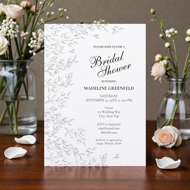 Black & White Spring Leaves Floral Bridal Shower Invitation (Creator Uploaded)