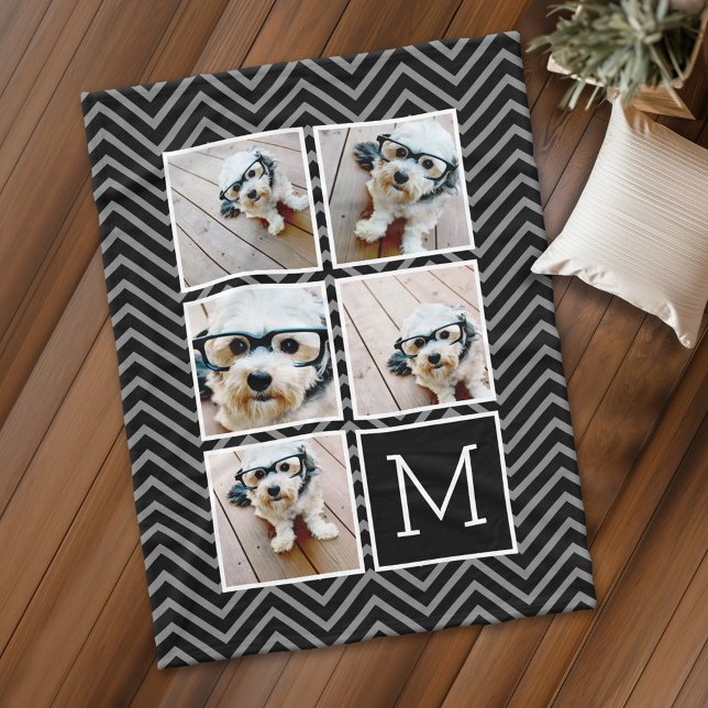 Black White Square 5 Photo Collage Monogram Fleece Blanket (Personalized fleece blanket with 5 photos and a monogram)