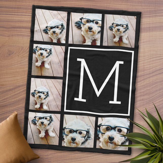 Black & White Square 8 Photo Collage Monogram Fleece Blanket (Personalized Fleece Blanket - Add Photos and Text or Customize completely in advanced design area)