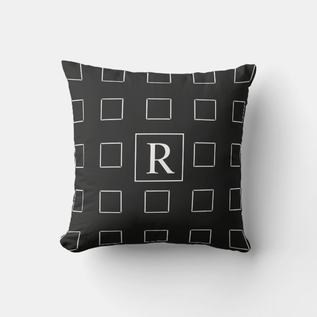 Black White Square Geometric Patterns Monograms Outdoor Pillow (Front)