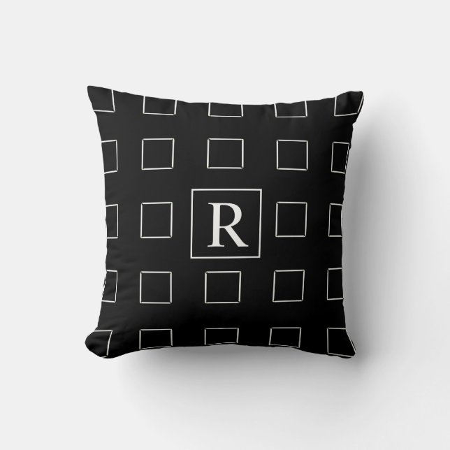 Black White Square Geometric Patterns Monograms Throw Pillow (Front)