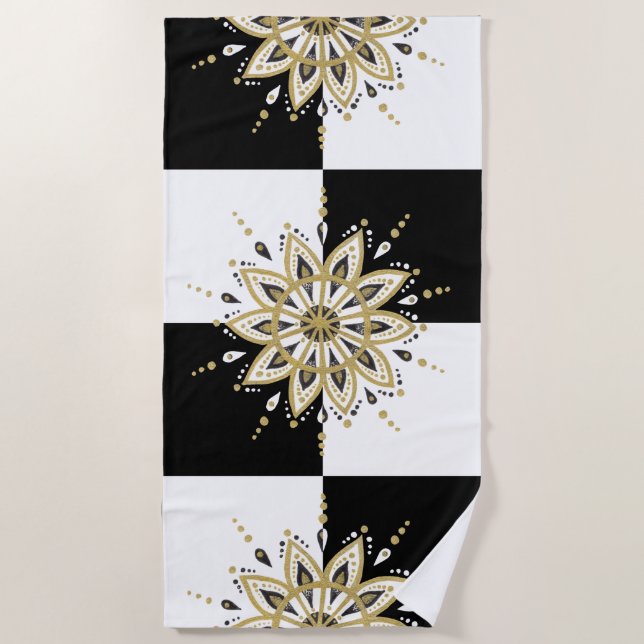 Black & White Square & Gold & Black Mandala Beach Towel (Front)