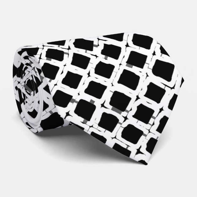 Black White Square Pattern Chic Neck Tie (Rolled)