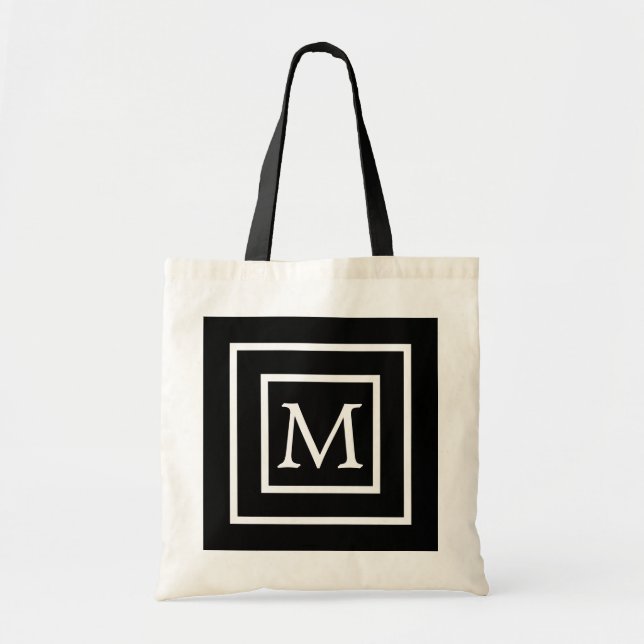Black & White Square Personalized Custom Monogram Tote Bag (Front)