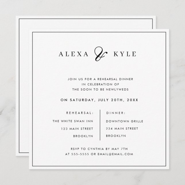 Black & White Square Rehearsal Dinner Invitation (Front/Back)