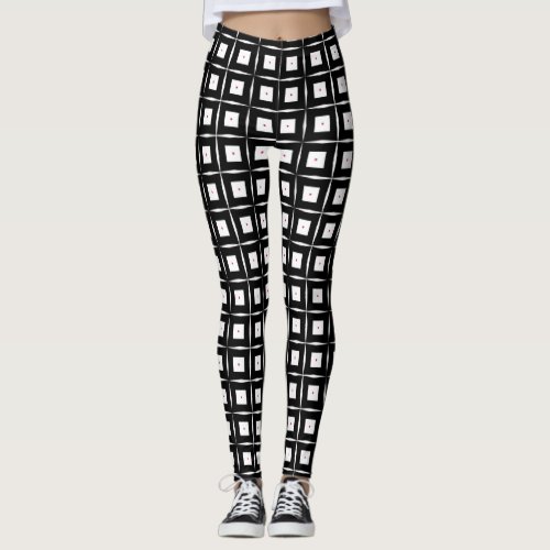 Black  White Squares Op Art Geometric Pattern Leggings