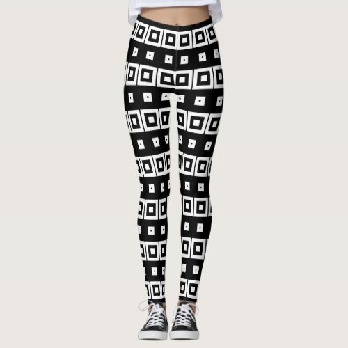 Black  White Squares Op Art Geometric Pattern Leggings