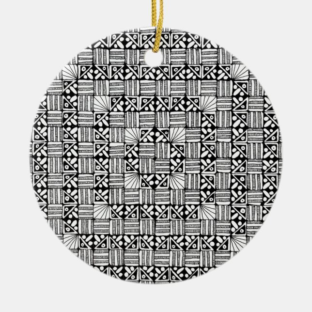 Black White Squares Stripes Pattern Design  Ceramic Ornament (Front)