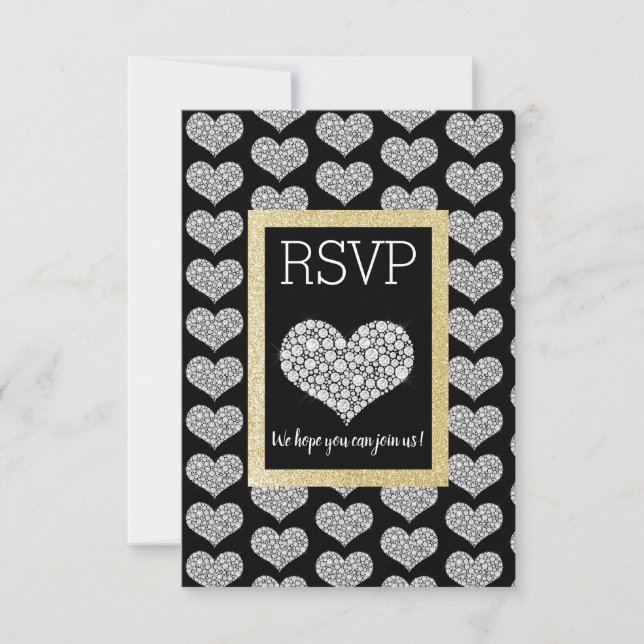 Black White Star Gold Heart RSVP simple elegant (Front)