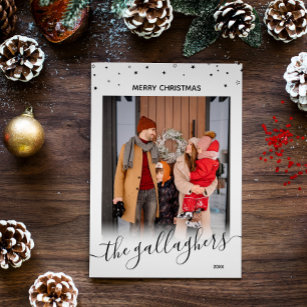 Black White Stars Name In Script Christmas Photo Holiday Card