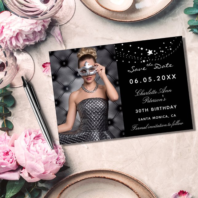 Black white stars photo birthday save the date announcement postcard (Creator Uploaded)