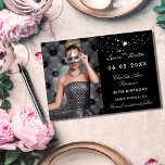 Black white stars photo elegant birthday party save the date<br><div class="desc">A photo Save the date for a 30th (or any age) birthday
On front: Add a vertical size photo. A classic black background color,  decorated with stars. Personalize and add a name and details.  White letters.</div>