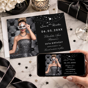 Black white stars photo elegant birthday party save the date