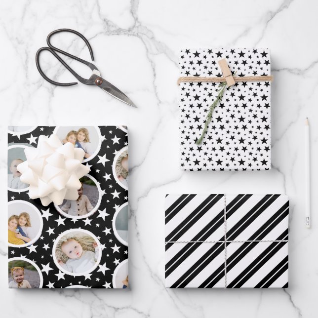 Black White Stars Stripes Photo Collage Christmas Wrapping Paper Sheets (Front)