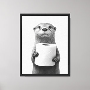 Black&White Stoic Otter Holding Toilet Paper Roll Canvas Print