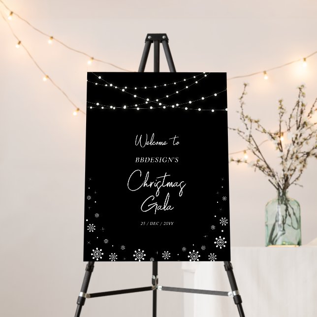 Black & White String Light Christmas Party Welcome Foam Board (In Situ (Stand))