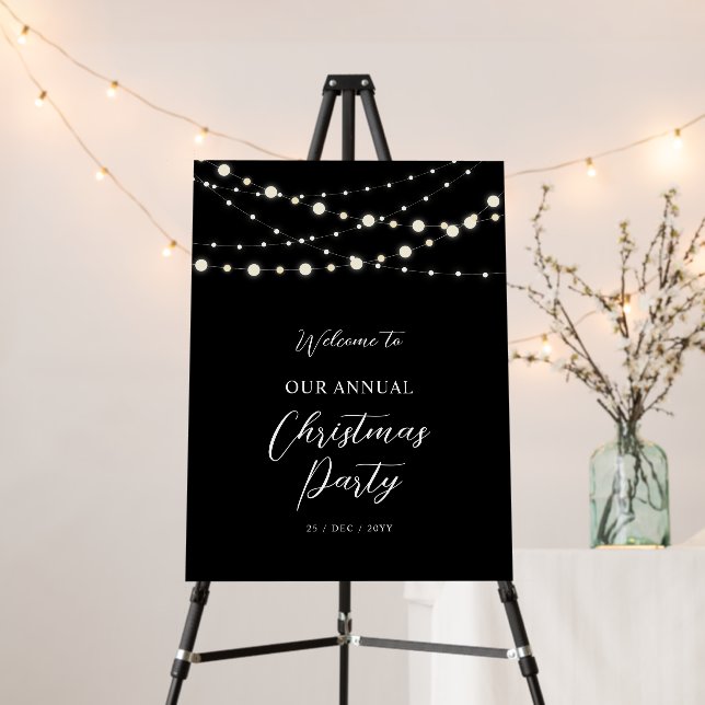 Black & White String Light Christmas Party Welcome Foam Board (In Situ (Stand))