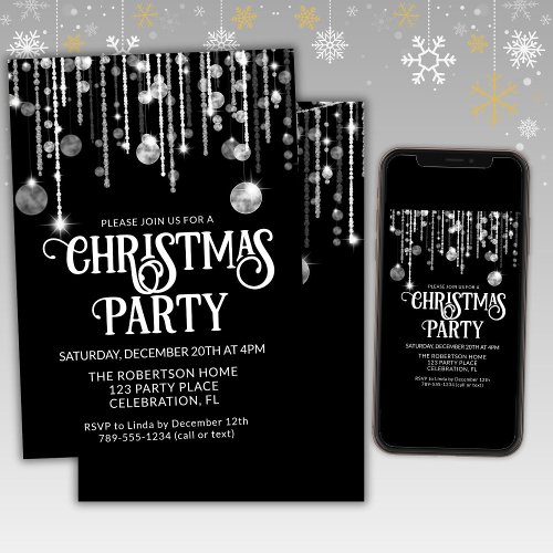 Black White String Lights Christmas Holiday Party  Invitation