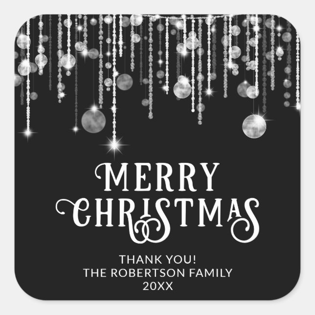 Black White String Lights Christmas Party Favor Square Sticker (Front)