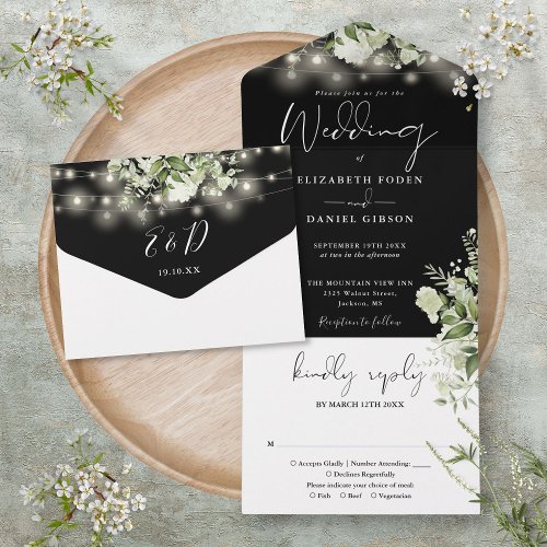Black White String Lights Floral Monogram Wedding All In One Invitation