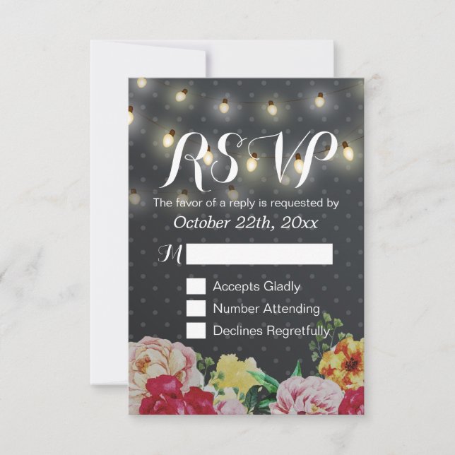 Black White String Lights Floral Wedding RSVP Card (Front)