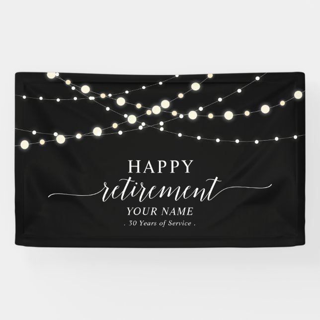 Black & White String Lights Happy Retirement Party Banner (Horizontal)