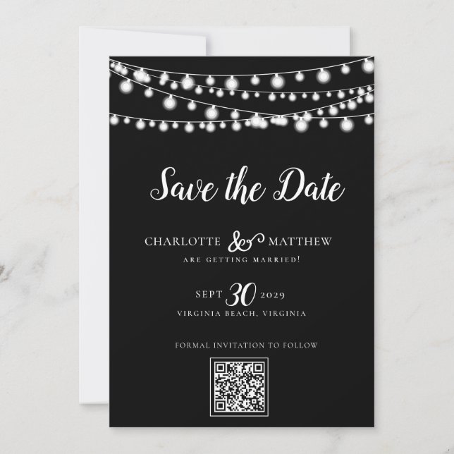 Black White String Lights Modern Script Save the Date (Front)