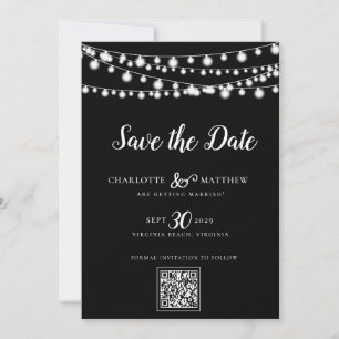 Black White String Lights Modern Script Save the Date