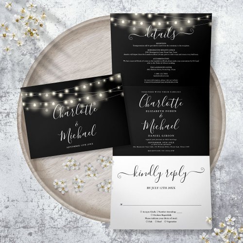 Black White String Lights Script Monogram Wedding Tri_Fold Invitation