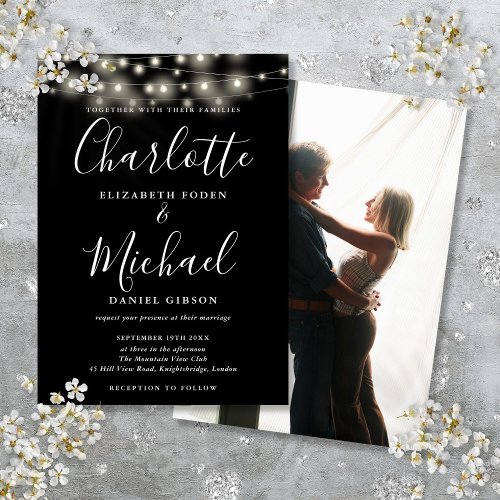 Black White String Lights Script Photo Wedding  Invitation