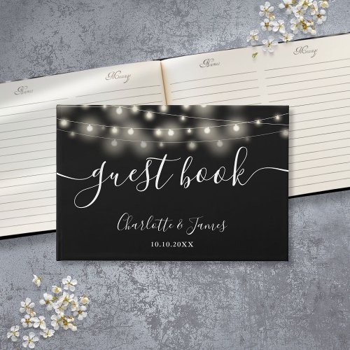 Black White String Lights Signature Script Wedding Guest Book