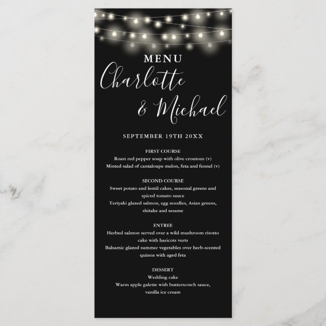 Black White String Lights Signature Wedding Menu (Front)