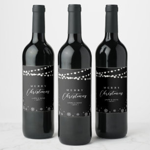 Black & White String Lights Snow Merry Christmas Wine Label