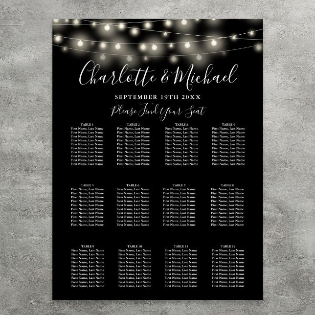 Black White String Lights Wedding Seating Chart (Black White String Lights Wedding Seating Chart)