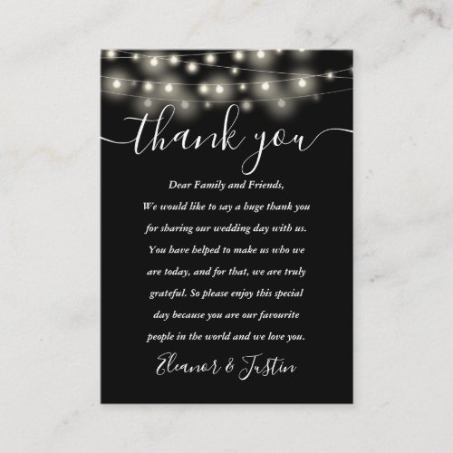 Black White String Lights Wedding Thank You Place  Place Card