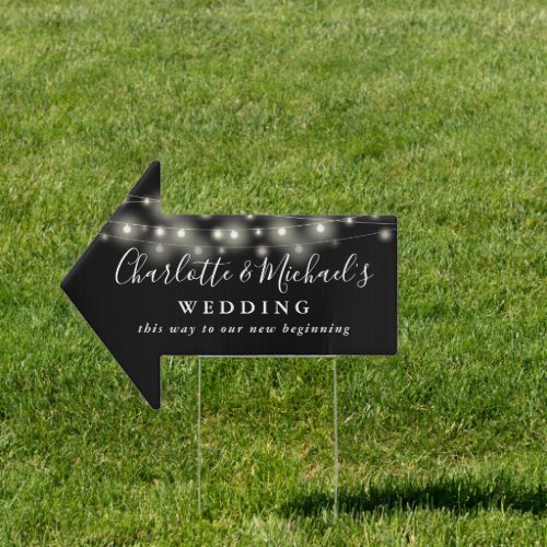 Black White String Lights Wedding This Way Arrow Sign