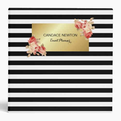 Black  White Stripe and Gold With Vintage Roses Binder