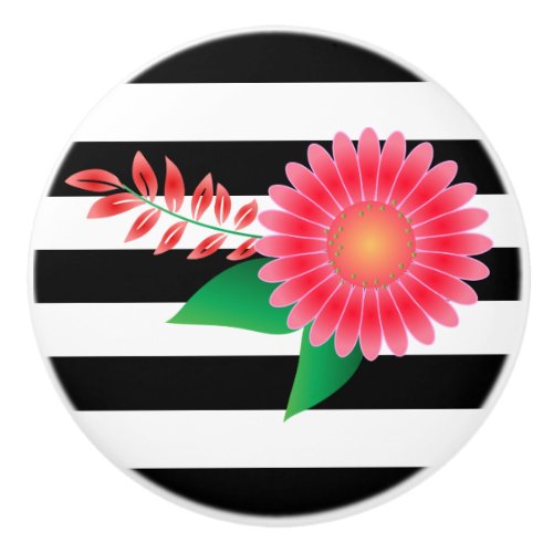 Black  White Stripe and Pink Flower Ceramic Knob