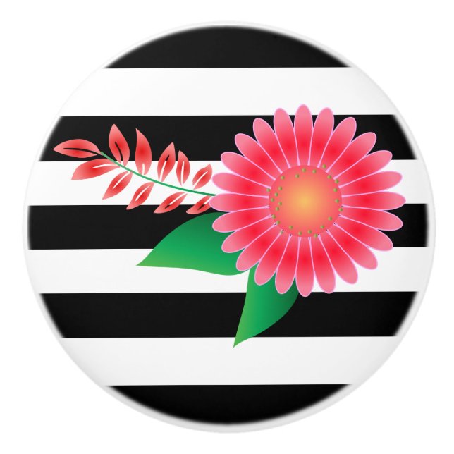 Black & White Stripe and Pink Flower Ceramic Knob (Front)