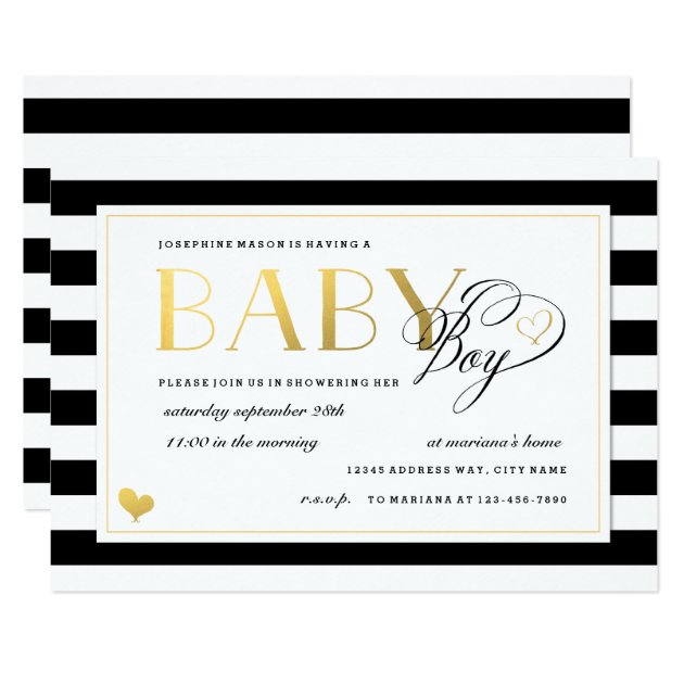 Black & White Stripe Baby Boy Shower Gold Accents Invitation