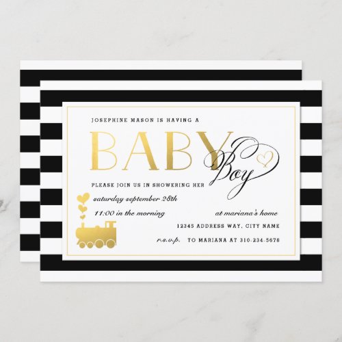 Black  White Stripe Baby Boy Shower Gold Train Invitation