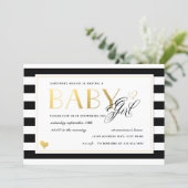 Black & White Stripe Baby Girl Shower Gold Accents Invitation (Standing Front)