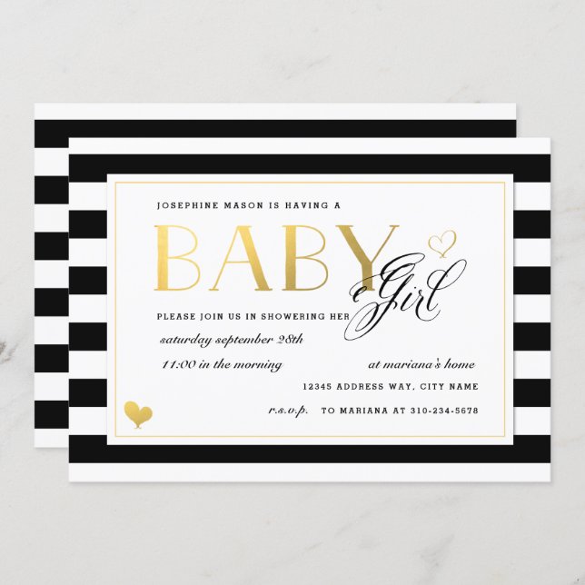 Black & White Stripe Baby Girl Shower Gold Accents Invitation (Front/Back)