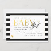 Black & White Stripe Baby Girl Shower Gold Accents Invitation (Front)