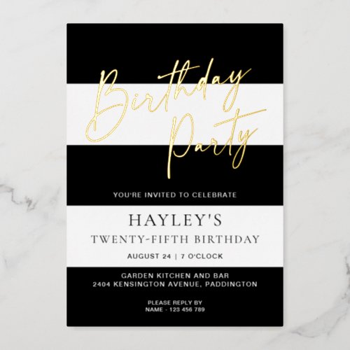 Black White Stripe Birthday Foil Invitation