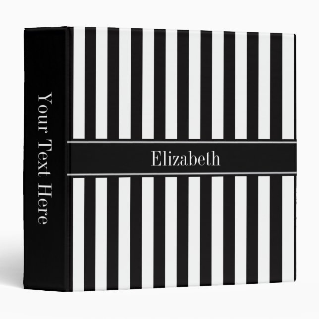 Black White Stripe Black Name Monogram 3 Ring Binder (Front/Spine)